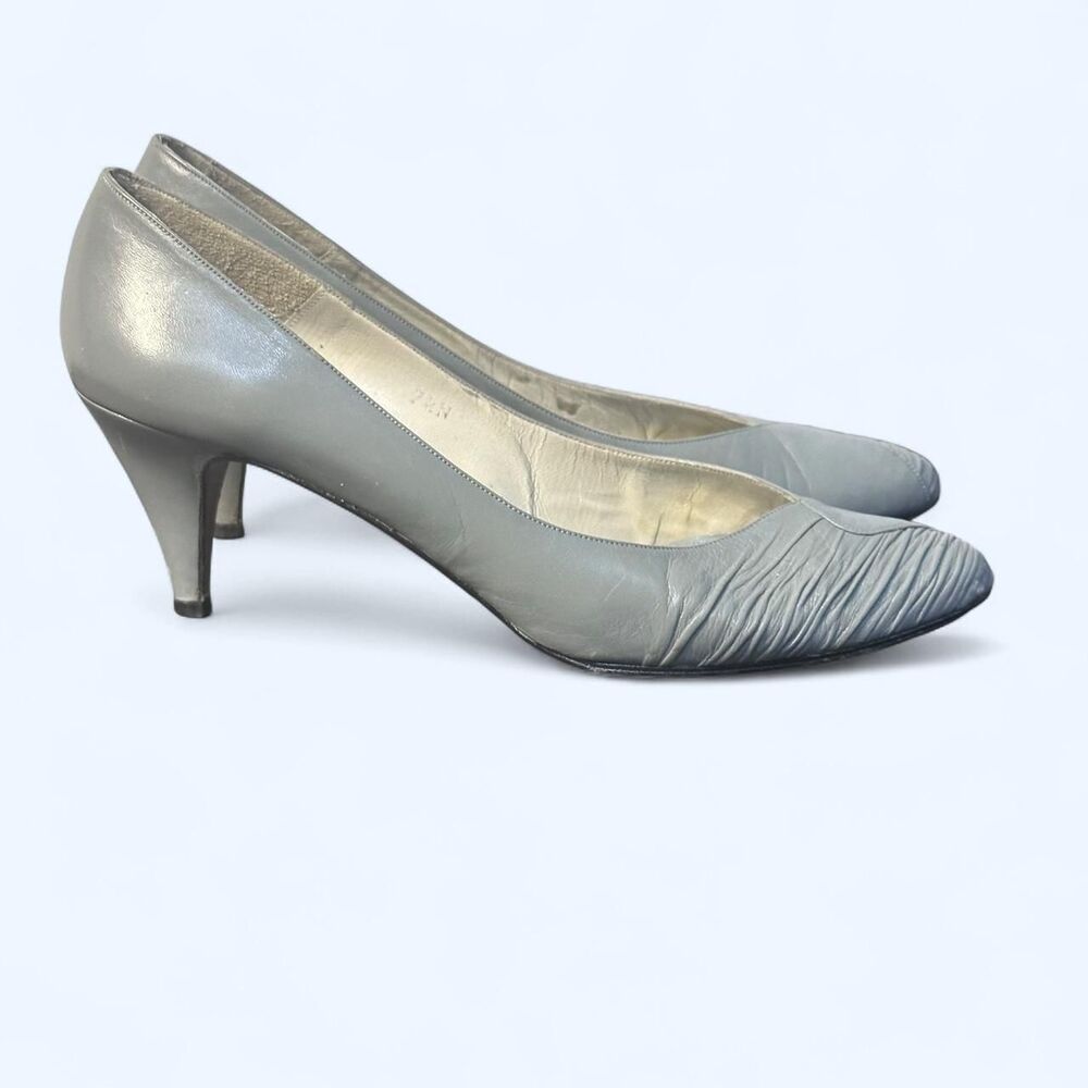 Gray 100 % Genuine Leather Pleated Pointed Toe Kitten Heel Pumps Blokette